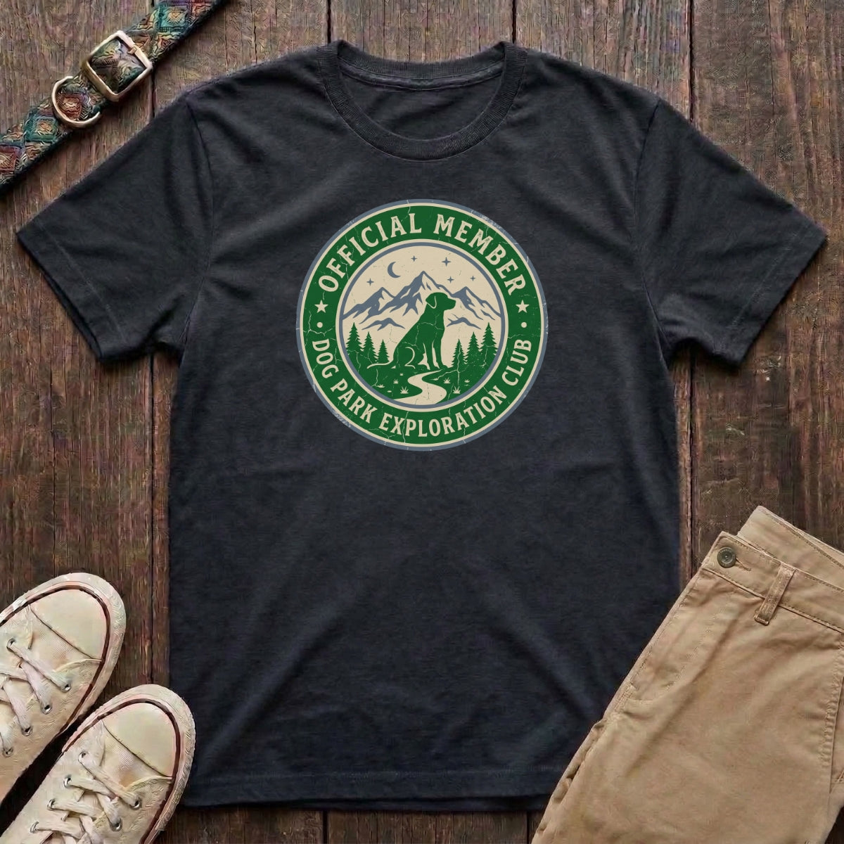 Black dog lover t-shirt with Official Member Dog Park Exploration Club vintage badge mountain design by Fetchkind