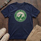 Navy dog lover t-shirt with Official Member Dog Park Exploration Club vintage badge mountain design by Fetchkind