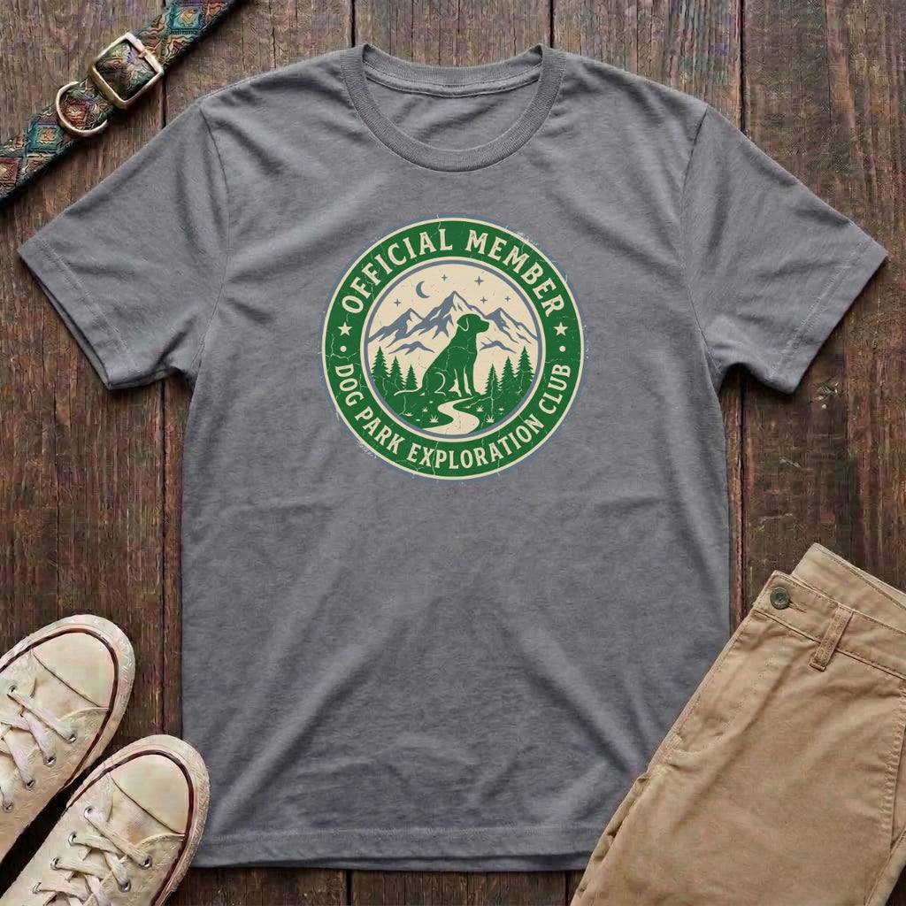 Sport grey dog lover t-shirt with Official Member Dog Park Exploration Club vintage badge mountain design by Fetchkind