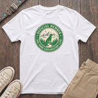 White dog lover t-shirt with Official Member Dog Park Exploration Club vintage badge mountain design by Fetchkind