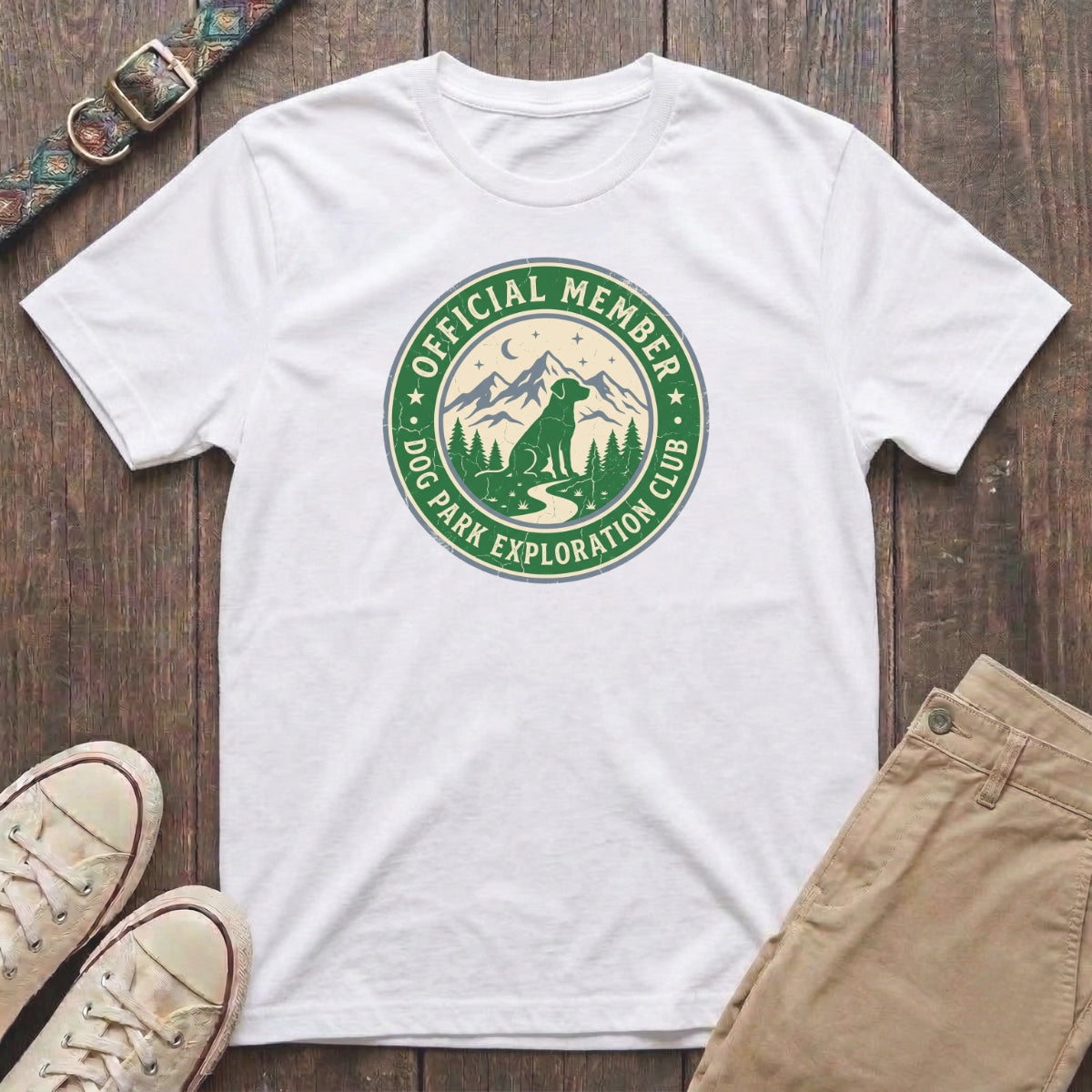 White dog lover t-shirt with Official Member Dog Park Exploration Club vintage badge mountain design by Fetchkind