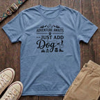 Light blue outdoor dog lover t-shirt with Adventure Awaits Just Add Dog slogan and hiking design by Fetchkind