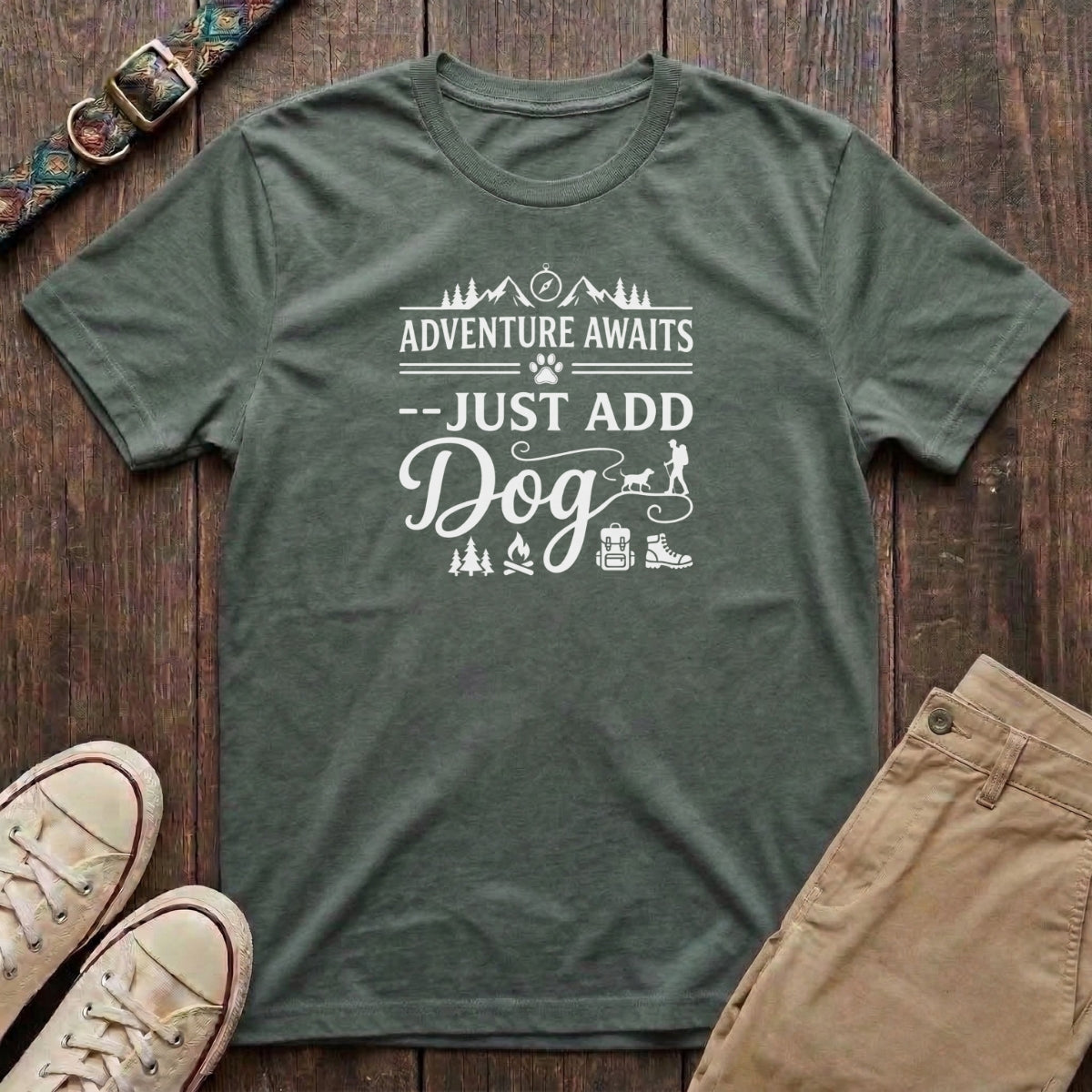 Military green outdoor dog lover t-shirt with Adventure Awaits Just Add Dog slogan and hiking design by Fetchkind