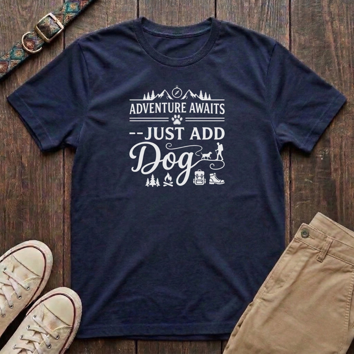 Navy outdoor dog lover t-shirt with Adventure Awaits Just Add Dog slogan and hiking design by Fetchkind