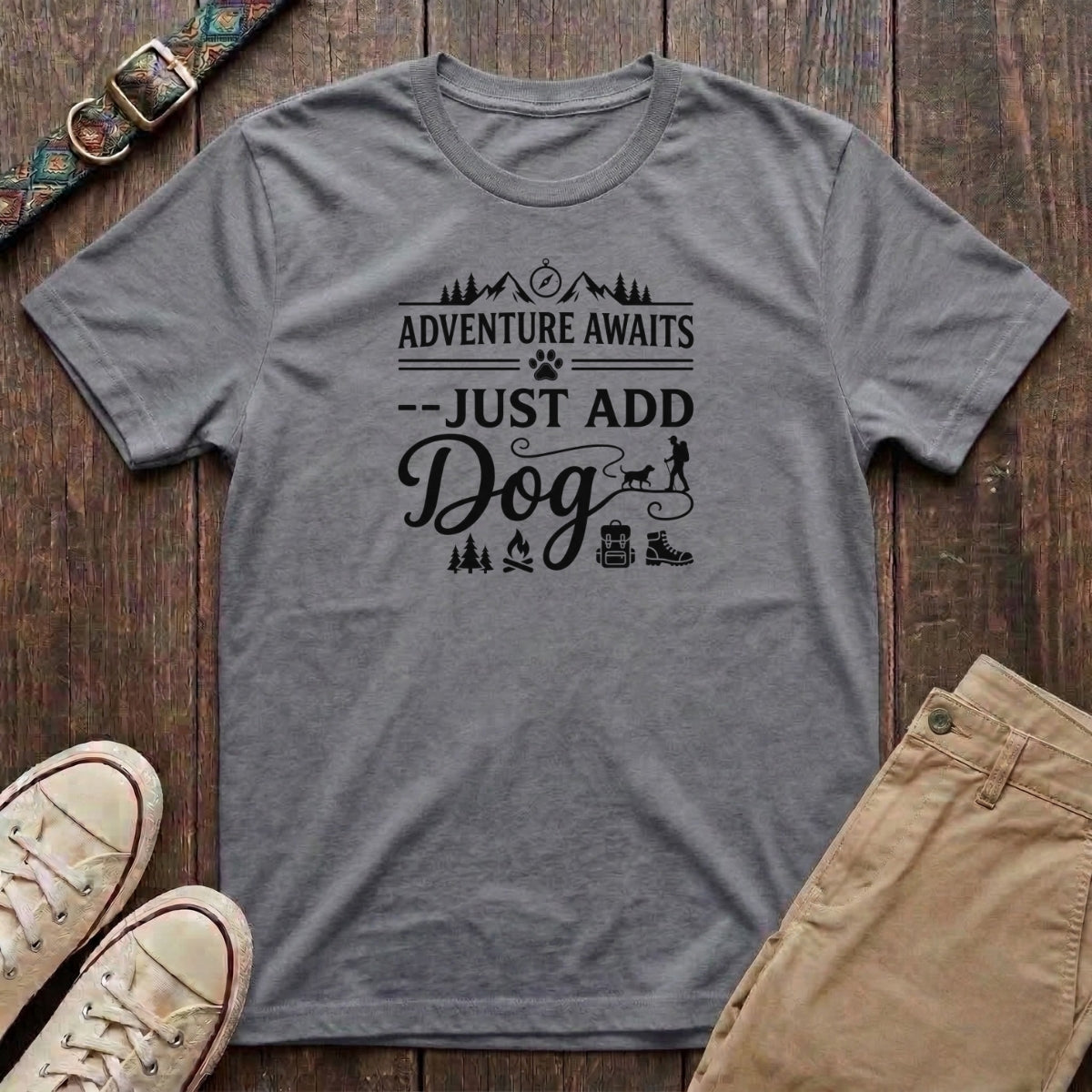 Sport grey outdoor dog lover t-shirt with Adventure Awaits Just Add Dog slogan and hiking design by Fetchkind