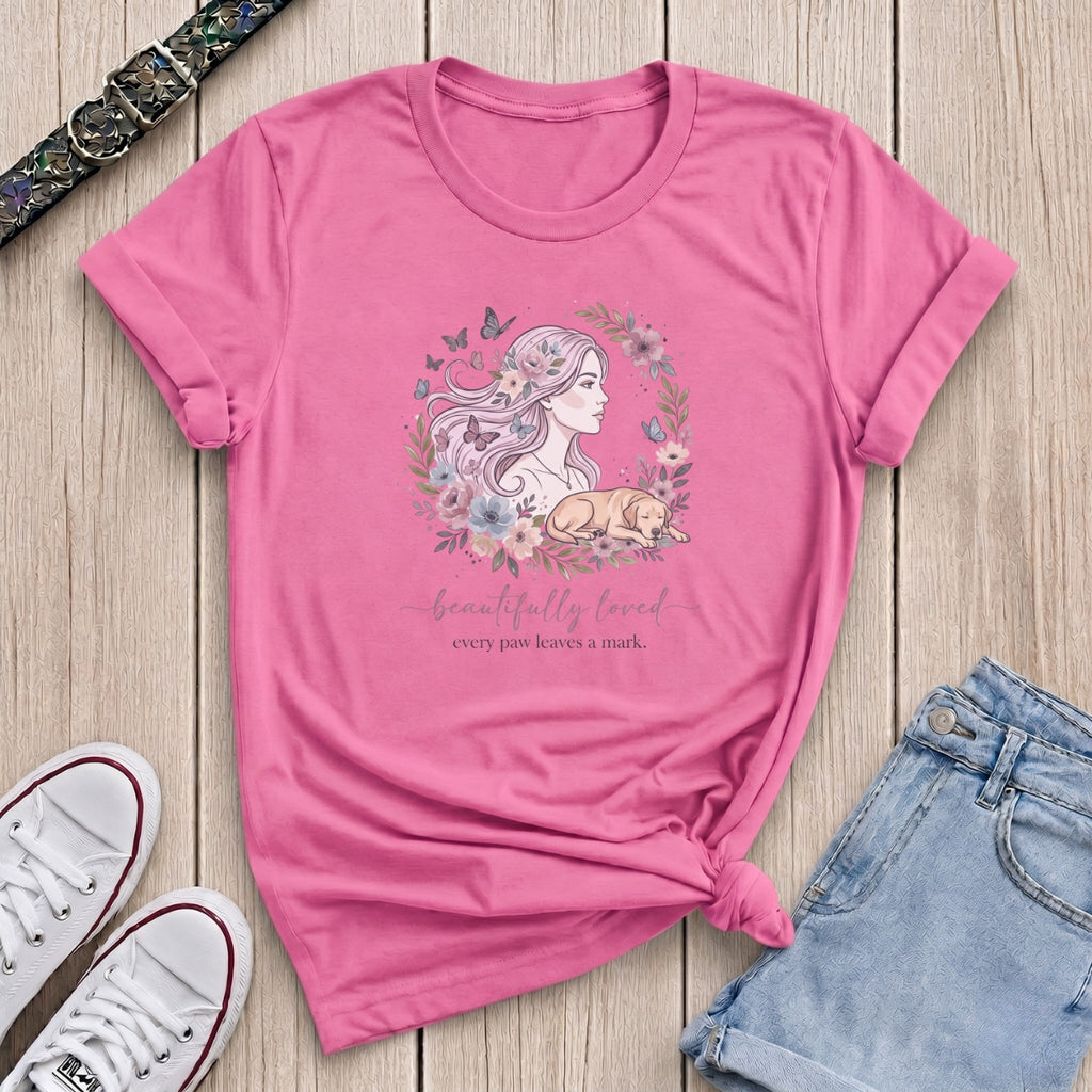 Fetchkind azalea beautifully loved every paw leaves a mark watercolour floral dog mum tee