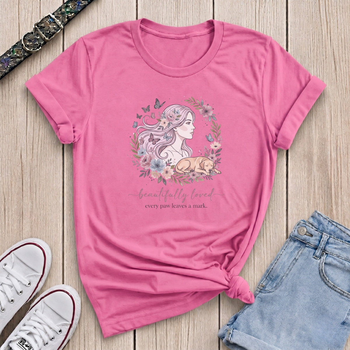 Fetchkind azalea beautifully loved every paw leaves a mark watercolour floral dog mum tee
