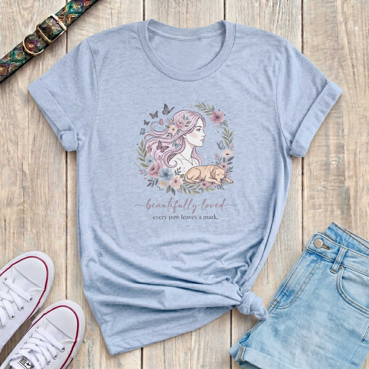 Fetchkind light blue beautifully loved every paw leaves a mark floral labrador tshirt UK