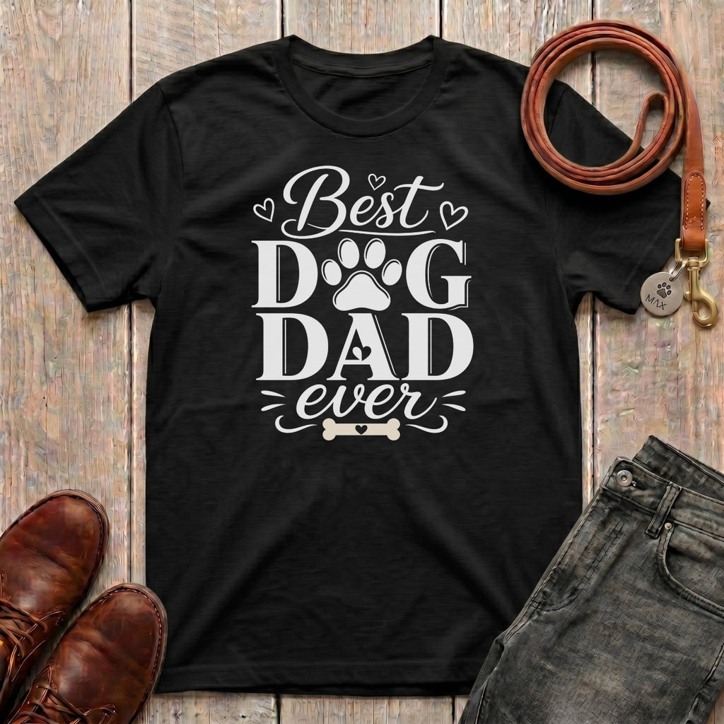 Fetchkind Best Dog Dad Ever script t-shirt in black with charcoal mixed typography and paw print detail