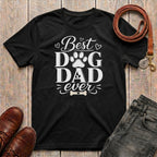 Fetchkind Best Dog Dad Ever script t-shirt in black with charcoal mixed typography and paw print detail