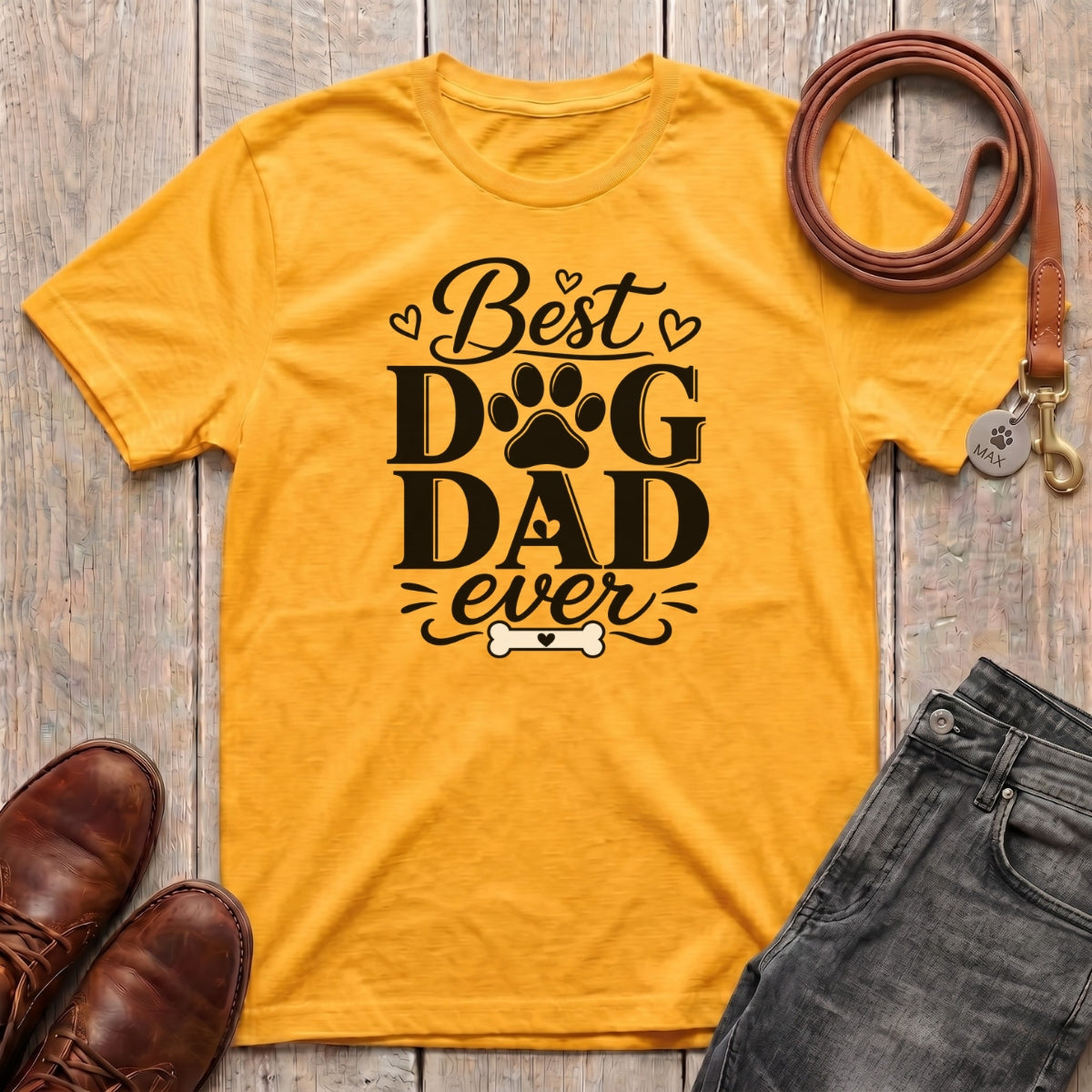 Fetchkind Best Dog Dad Ever script tee in gold paw print and hearts dog dad gift from Fetchkind UK