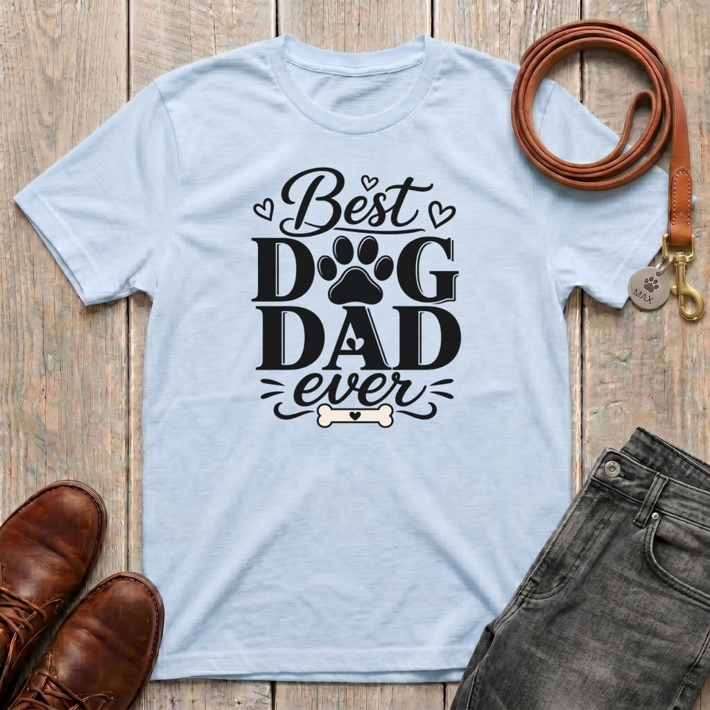 Fetchkind Best Dog Dad Ever script tee in light blue paw print dog dad gift tee for UK pet owners
