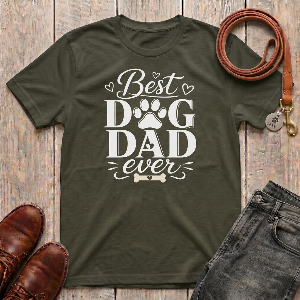 Fetchkind Best Dog Dad Ever script t-shirt in military green warm dog dad gift tee for UK pet owners