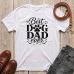 Fetchkind Best Dog Dad Ever script t-shirt in white with paw print hearts and dog bone lettering design