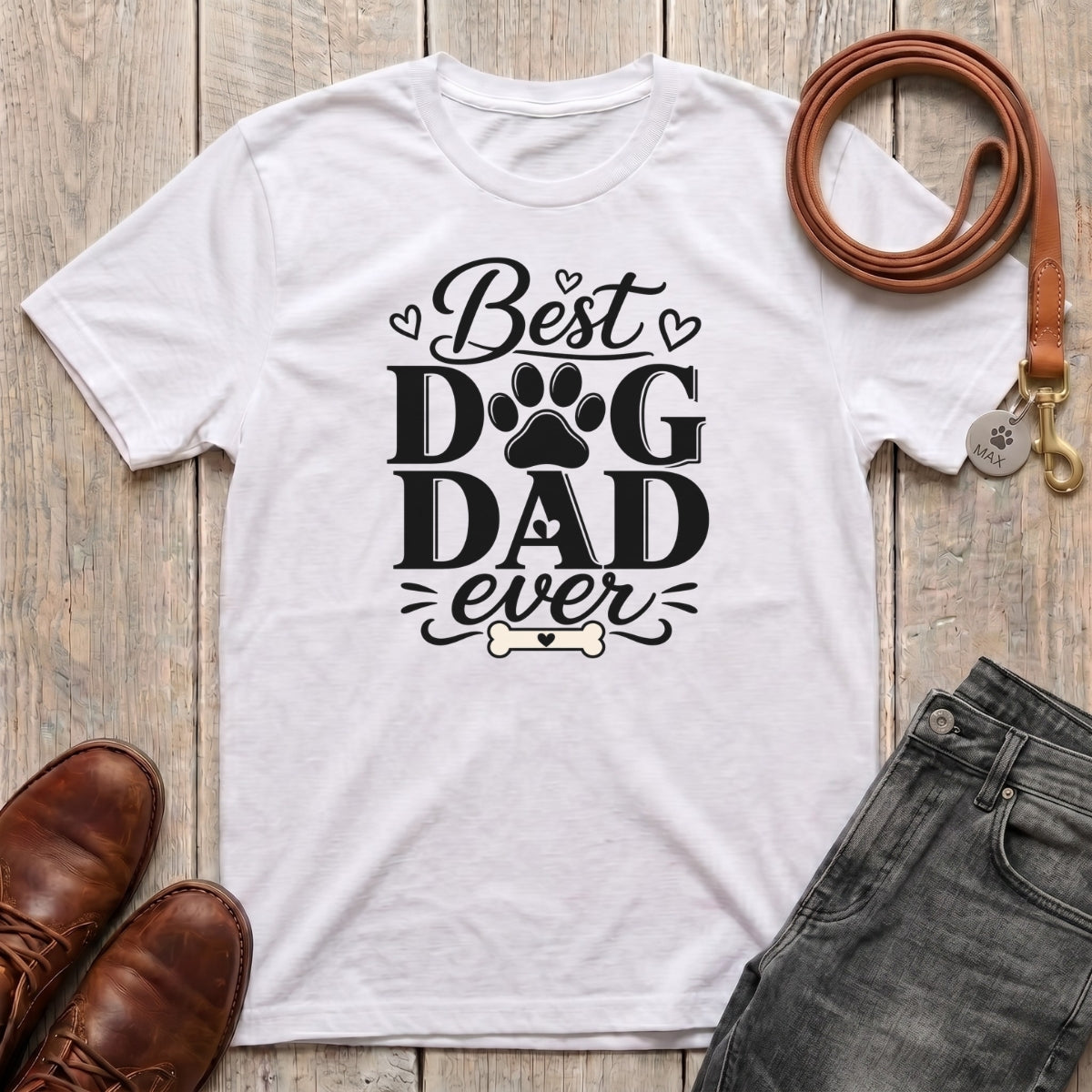 Fetchkind Best Dog Dad Ever script t-shirt in white with paw print hearts and dog bone lettering design