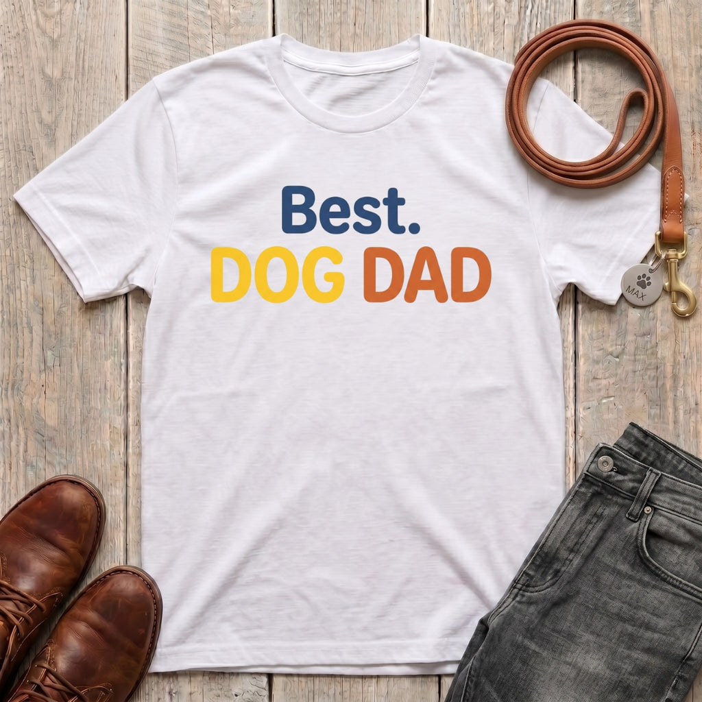 Fetchkind Best Dog Dad t-shirt in white with bold navy gold and rust lettering