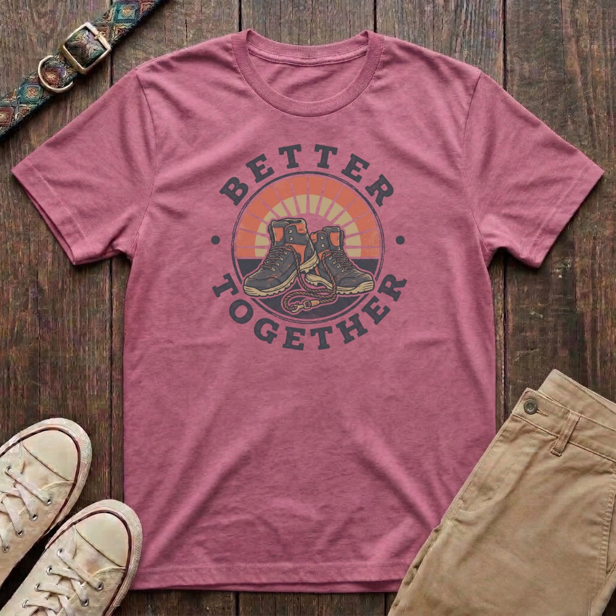 Azalea dog walking t-shirt with Better Together retro badge hiking boots and dog lead sunburst design by Fetchkind