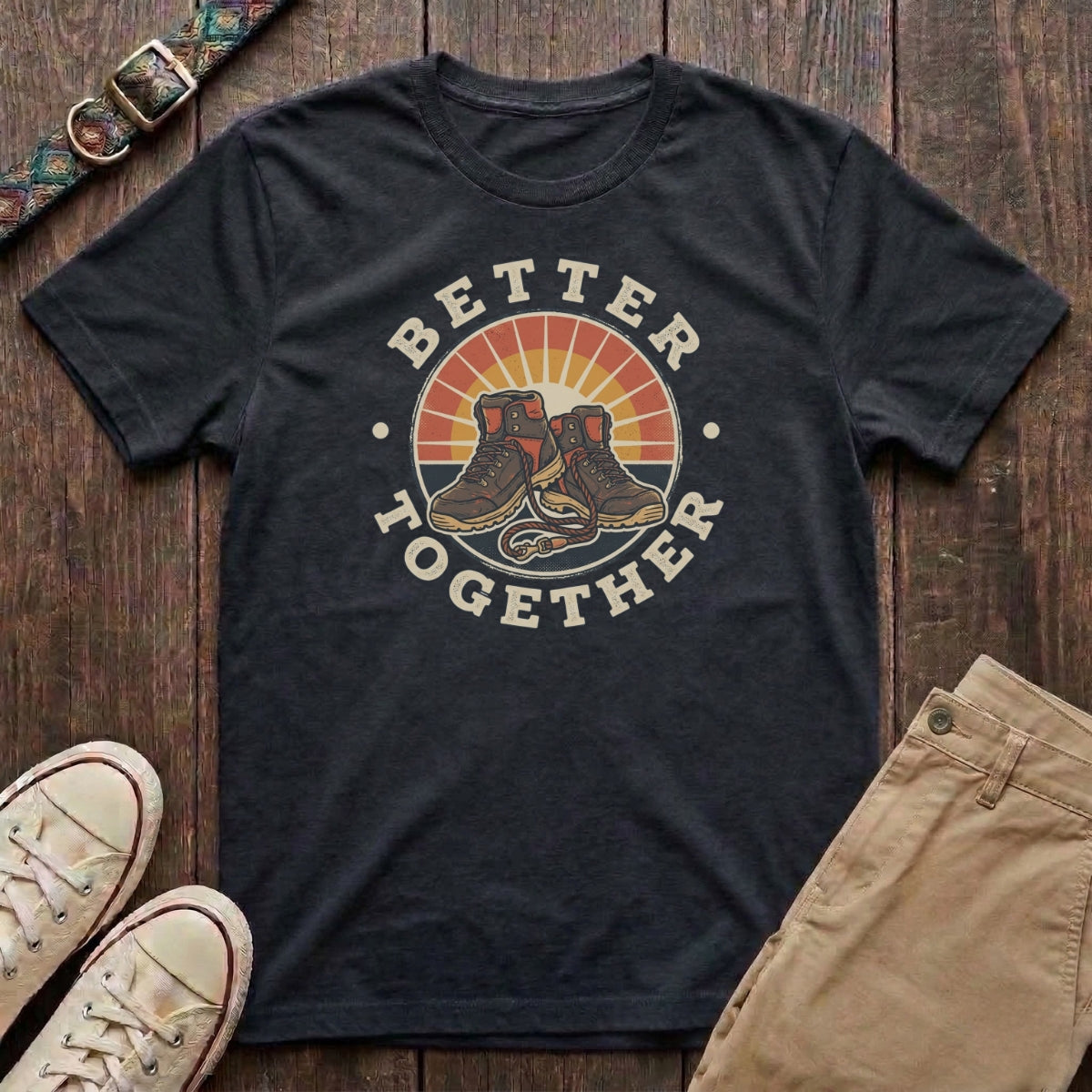 Black dog walking t-shirt with Better Together retro badge hiking boots and dog lead sunburst design by Fetchkind