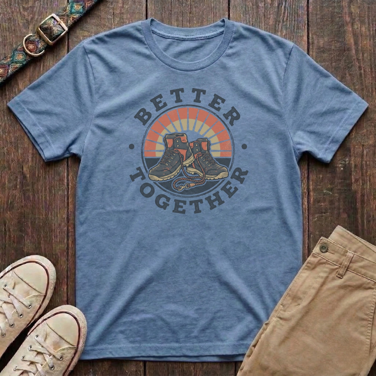 Light blue dog walking t-shirt with Better Together retro badge hiking boots and dog lead sunburst design by Fetchkind