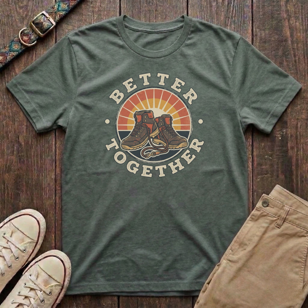 Military green dog walking t-shirt with Better Together retro badge hiking boots and dog lead sunburst design by Fetchkind