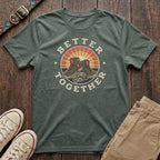 Military green dog walking t-shirt with Better Together retro badge hiking boots and dog lead sunburst design by Fetchkind