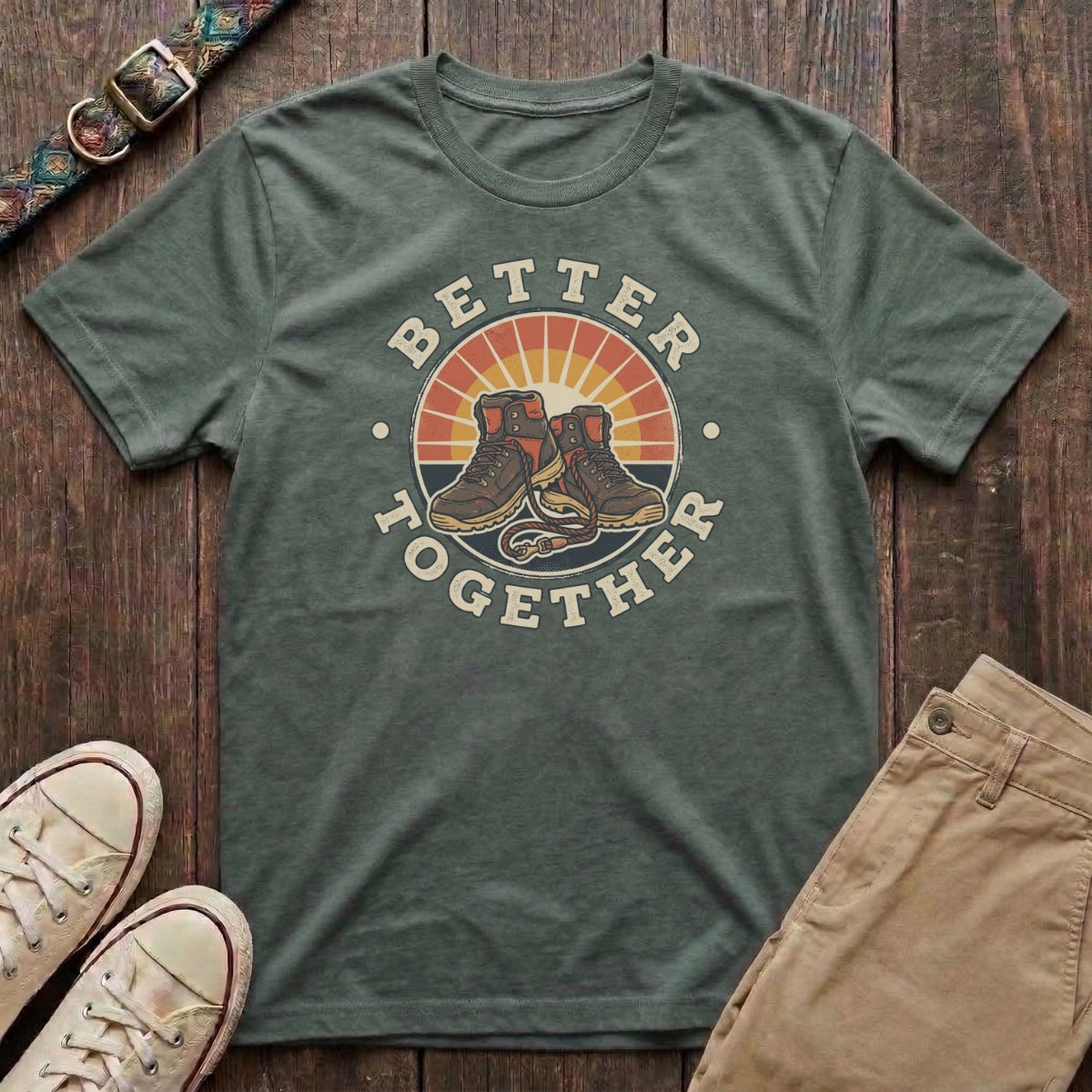 Military green dog walking t-shirt with Better Together retro badge hiking boots and dog lead sunburst design by Fetchkind