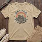 Natural dog walking t-shirt with Better Together retro badge hiking boots and dog lead sunburst design by Fetchkind