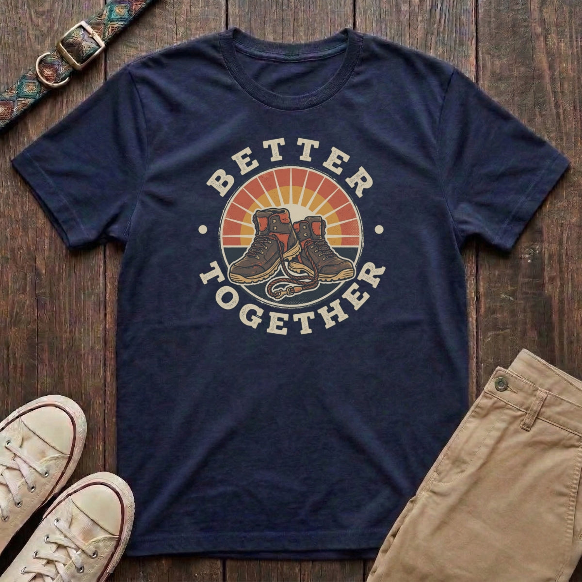 Navy dog walking t-shirt with Better Together retro badge hiking boots and dog lead sunburst design by Fetchkind