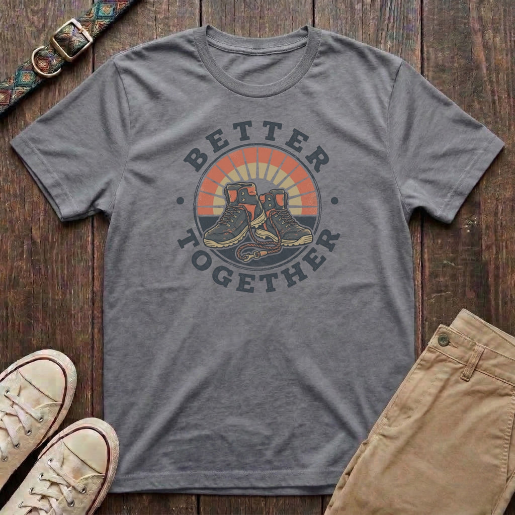 Sport grey dog walking t-shirt with Better Together retro badge hiking boots and dog lead sunburst design by Fetchkind