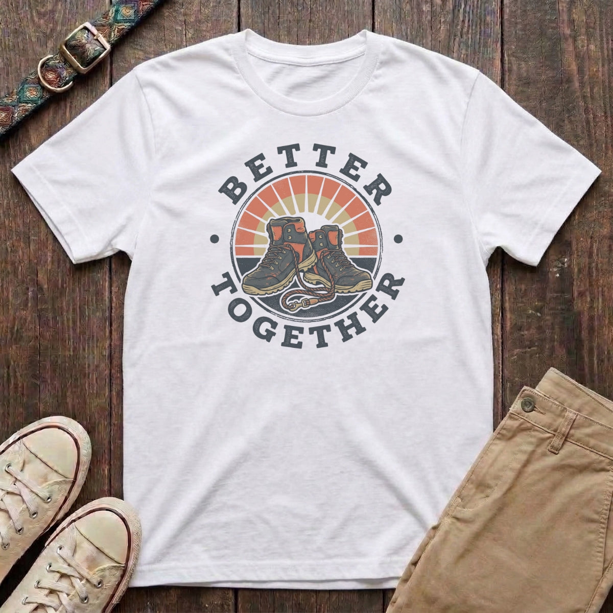 White dog walking t-shirt with Better Together retro badge hiking boots and dog lead sunburst design by Fetchkind