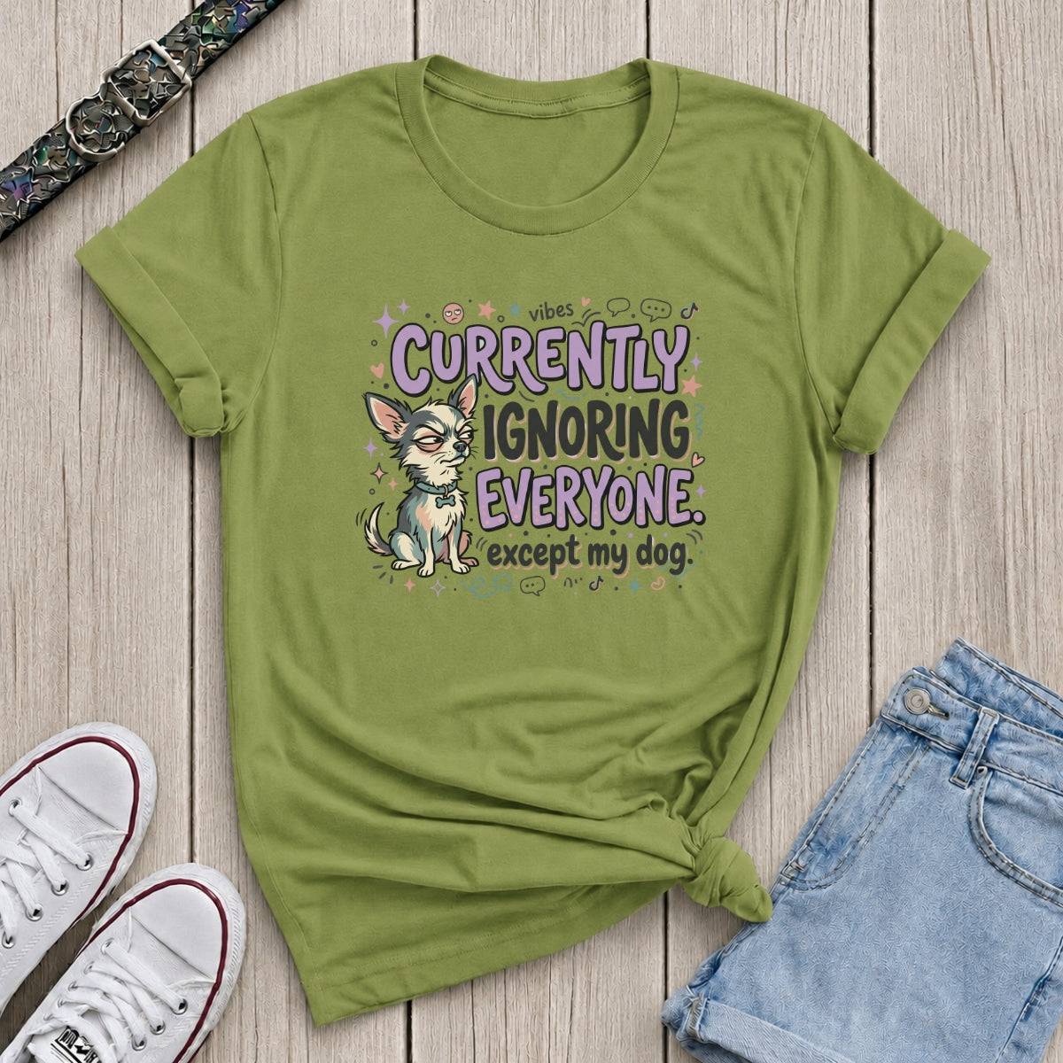 Fetchkind kiwi green t-shirt with currently ignoring everyone except my dog dog lover print