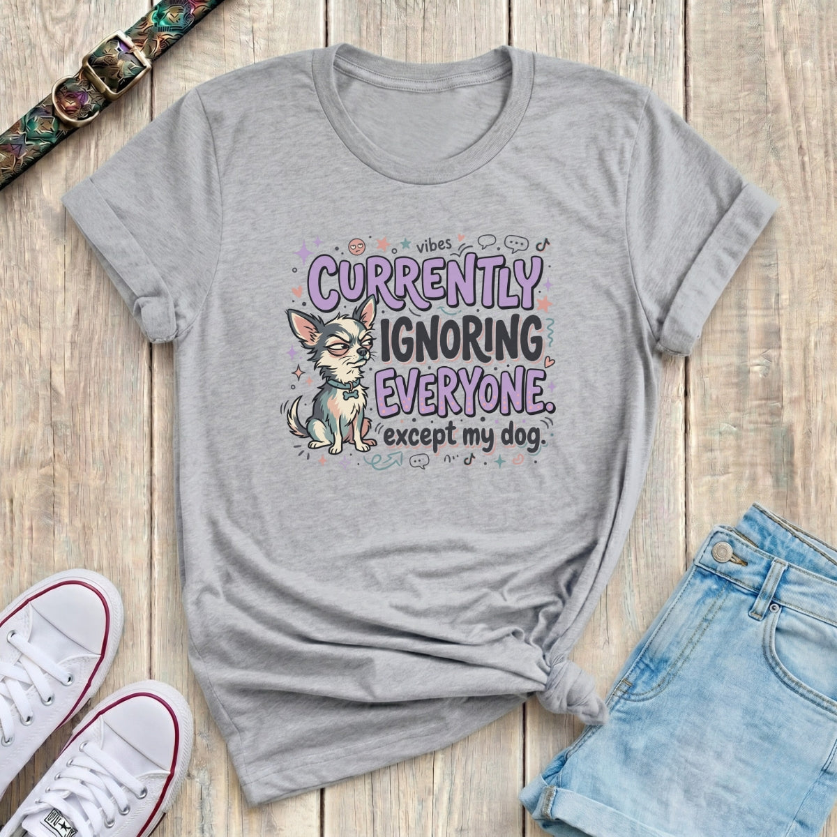 Fetchkind sport grey dog lover tee with currently ignoring everyone except my dog slogan