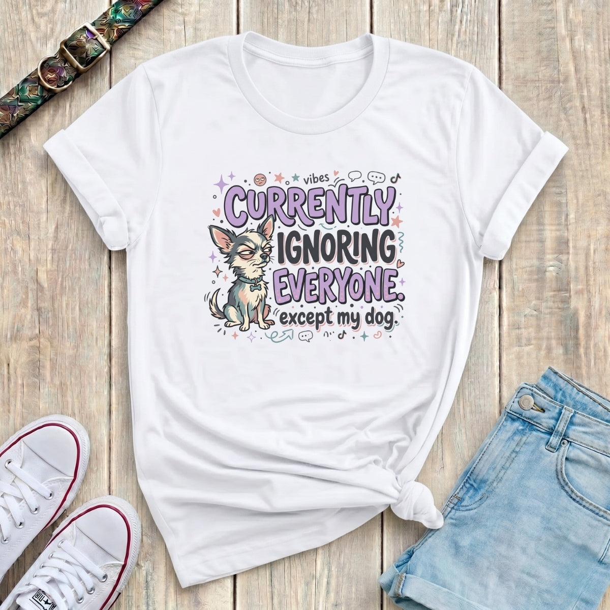 Fetchkind white t-shirt with purple currently ignoring everyone except my dog chihuahua print