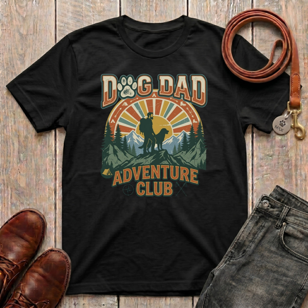 Fetchkind Dog Dad Adventure Club retro t-shirt in black with vintage teal and orange sunburst design