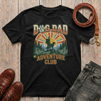 Fetchkind Dog Dad Adventure Club retro t-shirt in black with vintage teal and orange sunburst design