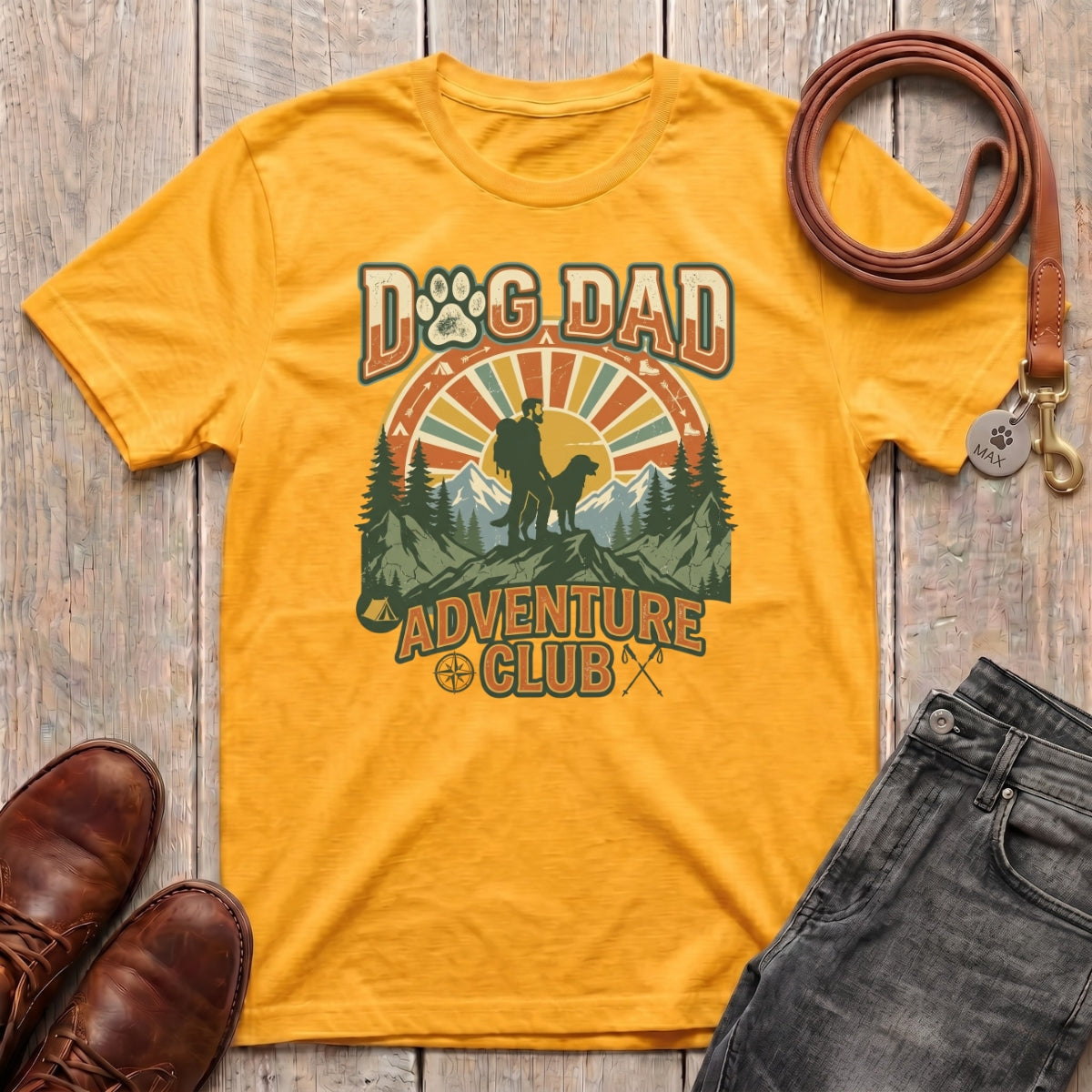 Fetchkind Dog Dad Adventure Club retro tee in gold vintage sunburst dog dad gift from Fetchkind UK