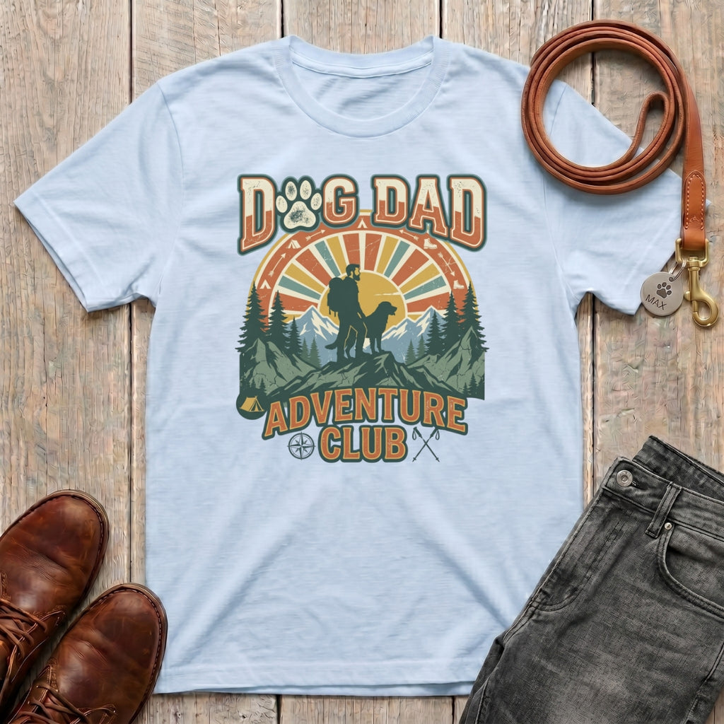 Fetchkind retro dog dad adventure tee in light blue mountain sunburst design dog dad gift UK