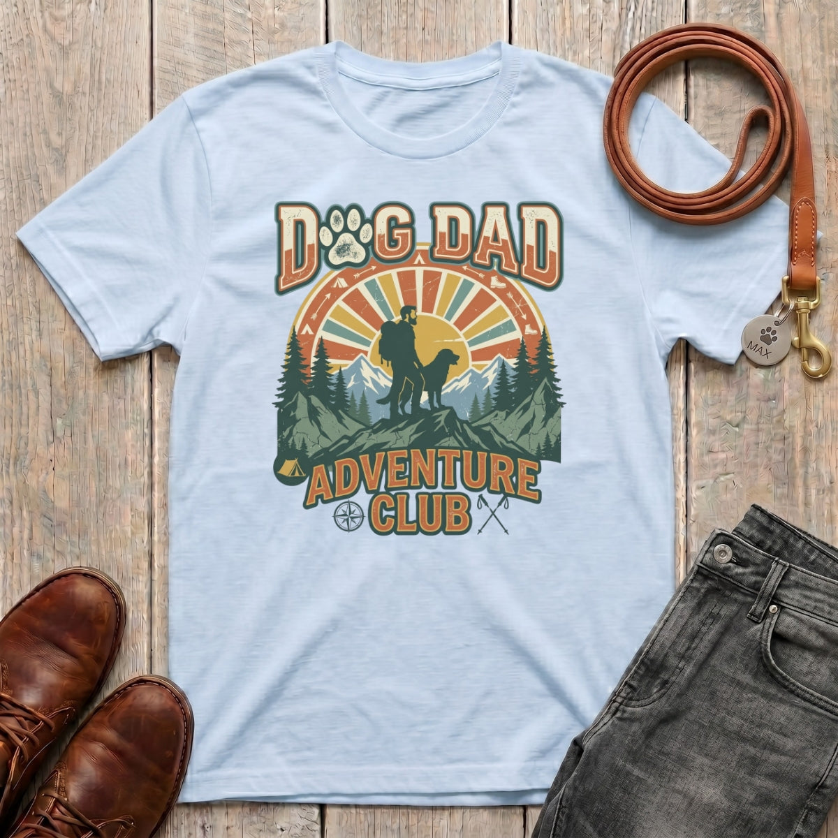 Fetchkind retro dog dad adventure tee in light blue mountain sunburst design dog dad gift UK