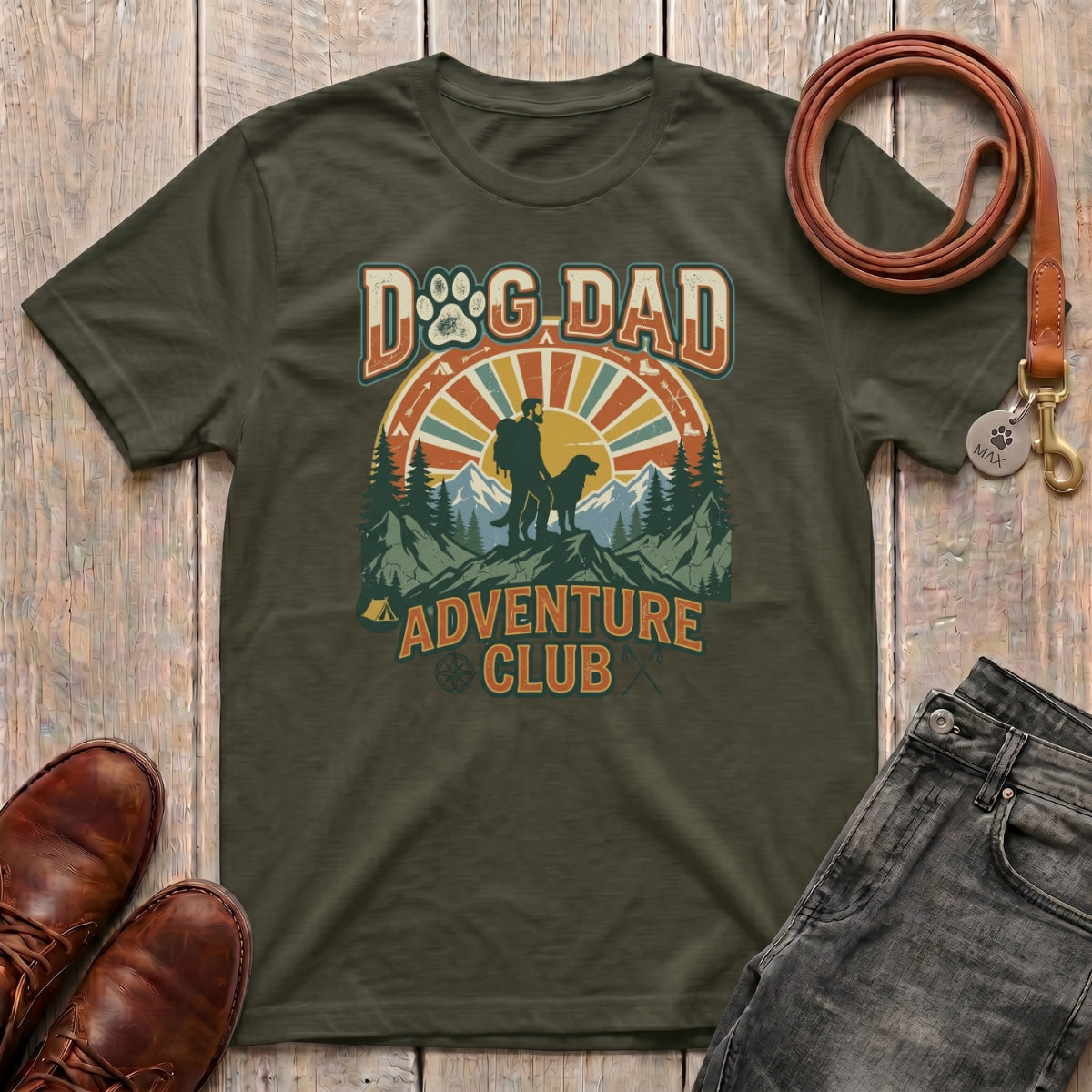 Fetchkind Dog Dad Adventure Club retro t-shirt in military green outdoor hiking dog dad tee UK