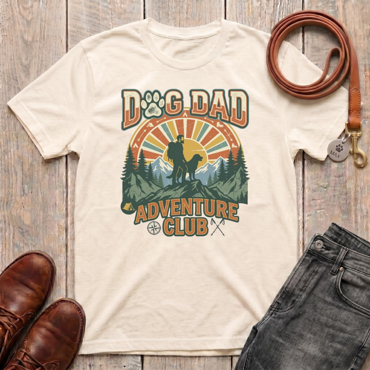 Fetchkind Dog Dad Adventure Club retro t-shirt in natural soft everyday outdoor dog dad tee UK