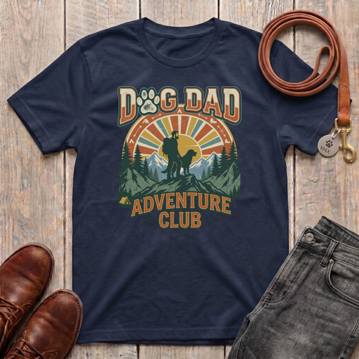 Fetchkind Dog Dad Adventure Club retro t-shirt in navy an outdoor gift for dog dads in the UK