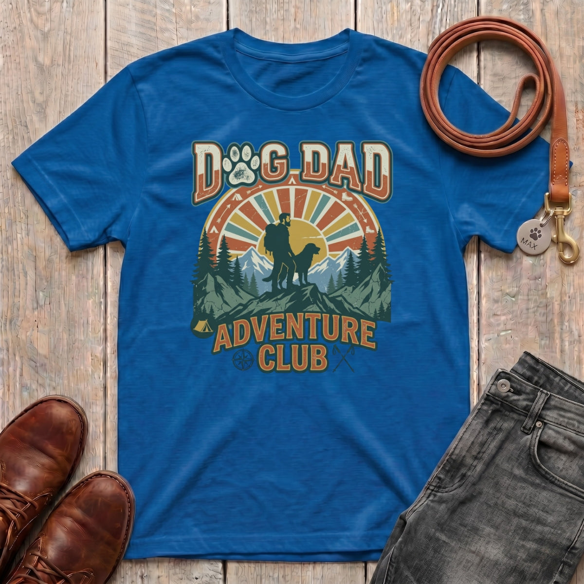 Fetchkind Dog Dad Adventure Club retro t-shirt in royal blue vintage mountain dog dad gift tee