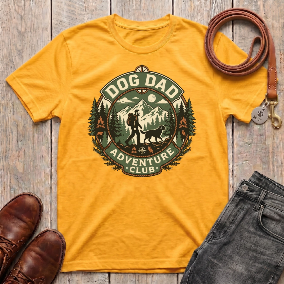 Fetchkind Dog Dad Adventure Club t-shirt in gold wilderness badge dog dad gift from Fetchkind UK
