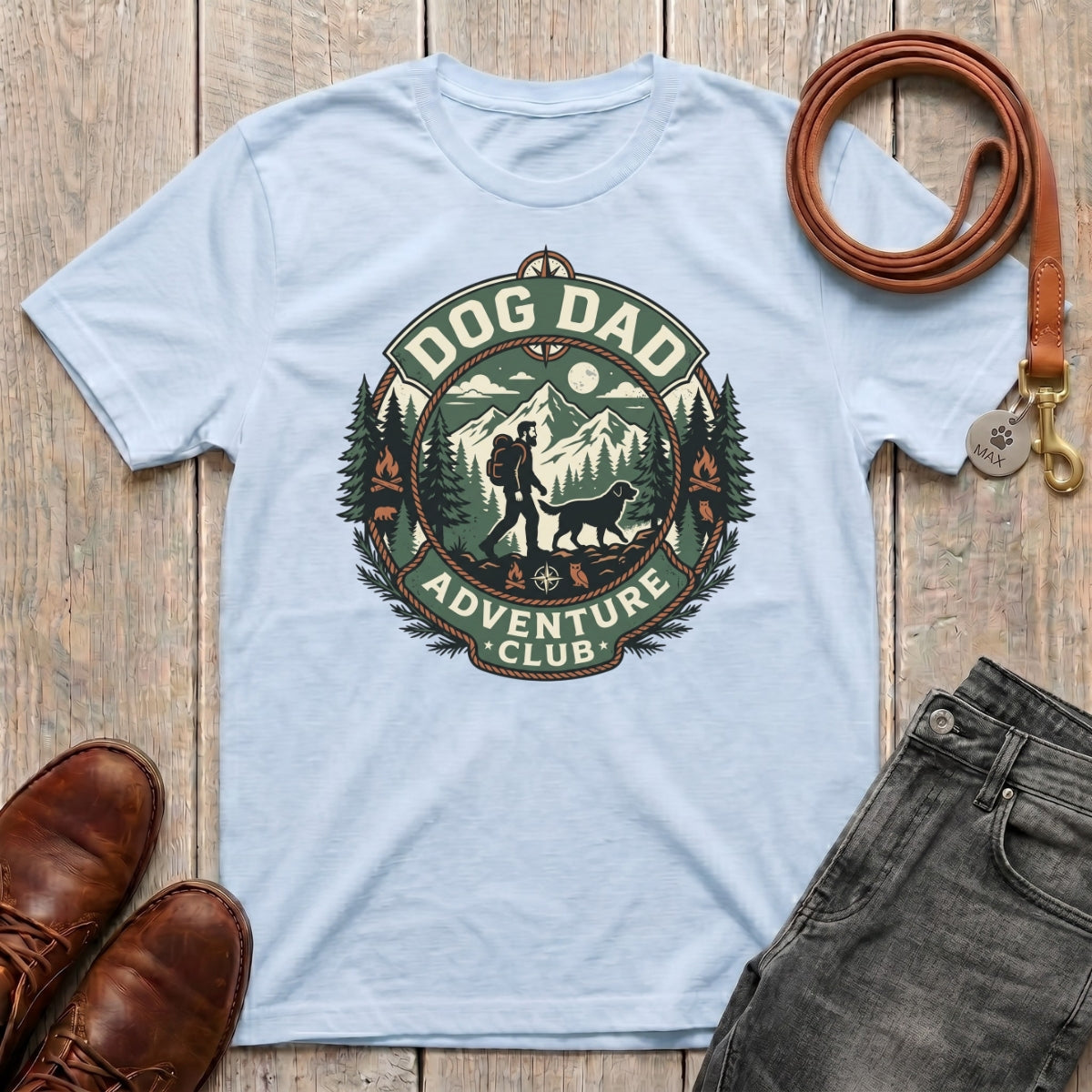Fetchkind Dog Dad Adventure Club t-shirt in light blue casual adventure dog dad tee for UK pet owners