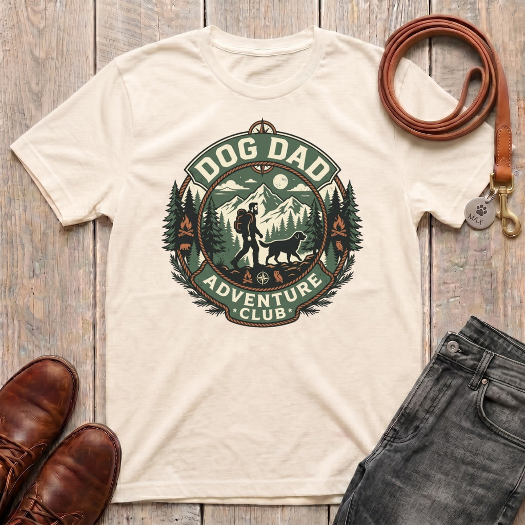 Fetchkind Dog Dad Adventure Club t-shirt in natural soft everyday outdoor dog dad tee for UK walkers
