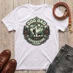 Fetchkind Dog Dad Adventure Club t-shirt in white with outdoor wilderness badge illustration