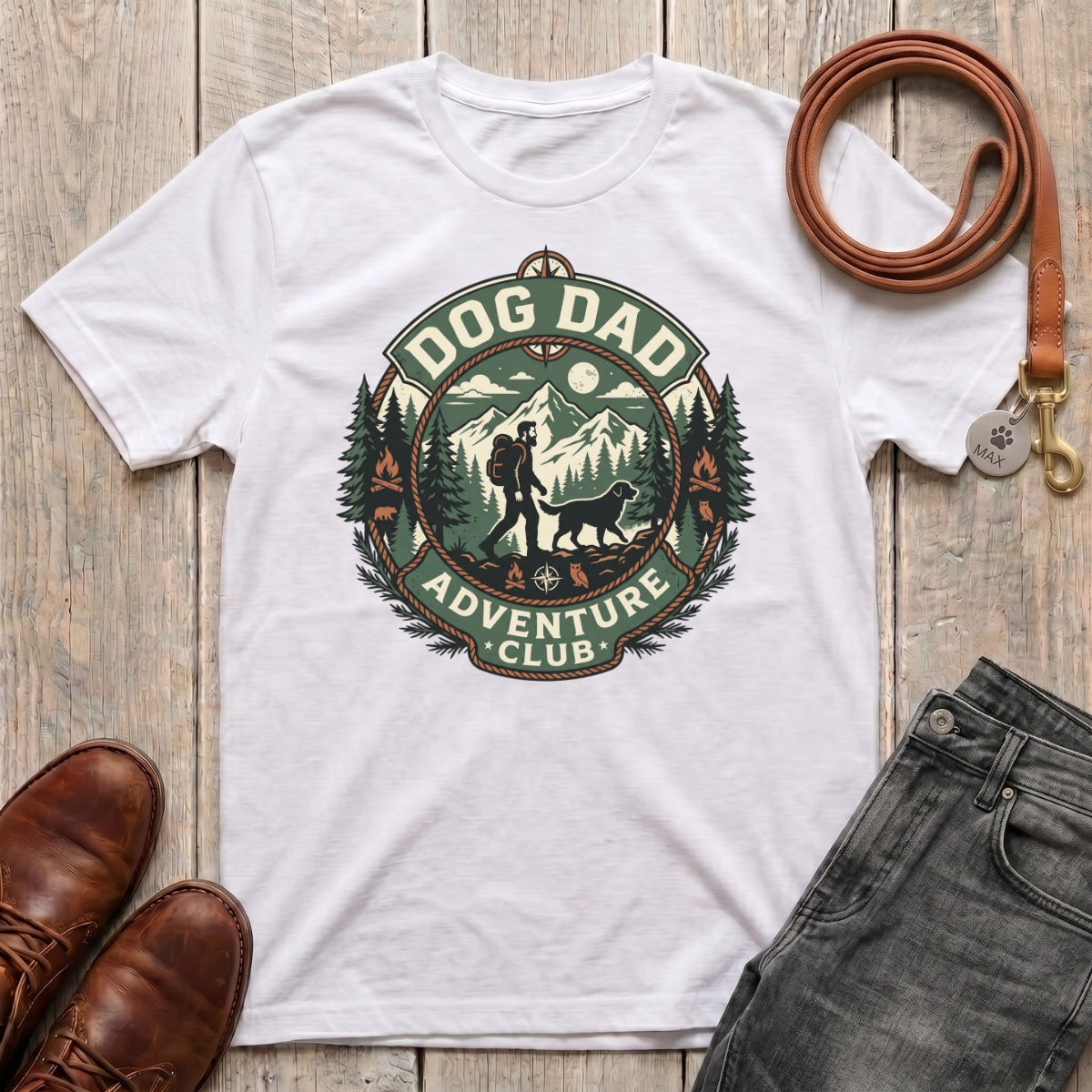 Fetchkind Dog Dad Adventure Club t-shirt in white with outdoor wilderness badge illustration