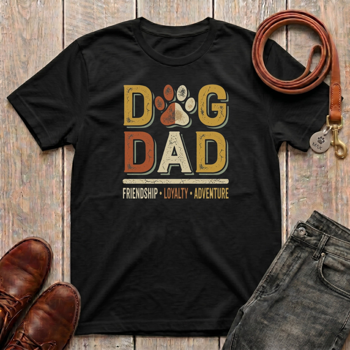 Fetchkind Dog Dad Friendship Loyalty Adventure t-shirt in black with retro distressed gold and rust lettering