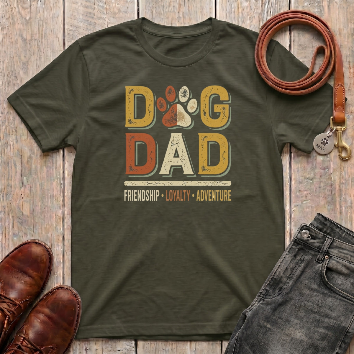 Fetchkind Dog Dad Friendship Loyalty Adventure t-shirt in military green retro dog dad tee for UK pet owners
