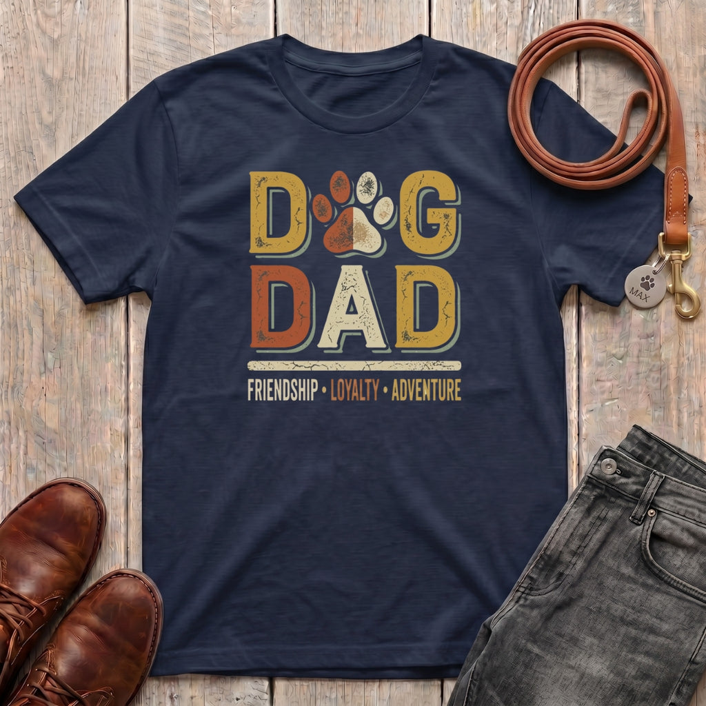 Fetchkind Dog Dad Friendship Loyalty Adventure t-shirt in navy a warm retro gift for dog dads in the UK